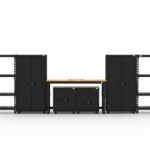 Garage storage cabinets with 2 lockers, 1 base cabinet, 1 drawer-base cabinet, 2 shelving units and 72 inch workbench