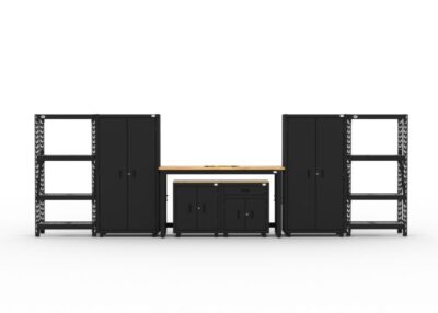Garage storage cabinets with 2 lockers, 1 base cabinet, 1 drawer-base cabinet, 2 shelving units and 72 inch workbench