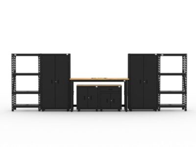 Garage storage cabinets with 2 lockers, 1 base cabinet, 1 drawer-base cabinet, 2 shelving units and 72 inch workbench