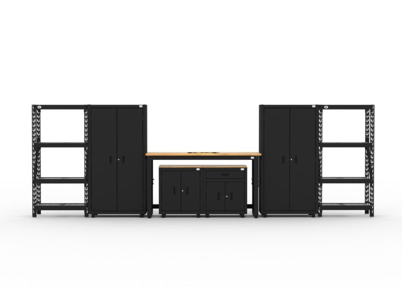 Garage storage cabinets with 2 lockers, 1 base cabinet, 1 drawer-base cabinet, 2 shelving units and 72 inch workbench