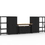 Garage storage cabinets with 2 lockers, 1 base cabinet, 1 drawer-base cabinet, 2 shelving units and 72 inch workbench