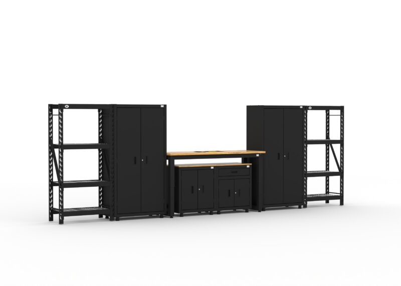Garage storage cabinets with 2 lockers, 1 base cabinet, 1 drawer-base cabinet, 2 shelving units and 72 inch workbench