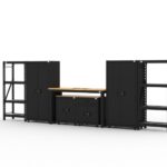 Garage storage cabinets with 2 lockers, 1 base cabinet, 1 drawer-base cabinet, 2 shelving units and 72 inch workbench