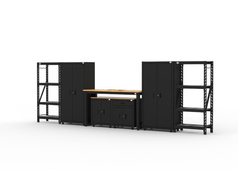 Garage storage cabinets with 2 lockers, 1 base cabinet, 1 drawer-base cabinet, 2 shelving units and 72 inch workbench