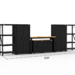 Garage storage cabinets with 2 lockers, 1 base cabinet, 1 drawer-base cabinet, 2 shelving units and 72 inch workbench