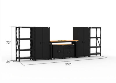 Garage storage cabinets with 2 lockers, 1 base cabinet, 1 drawer-base cabinet, 2 shelving units and 72 inch workbench