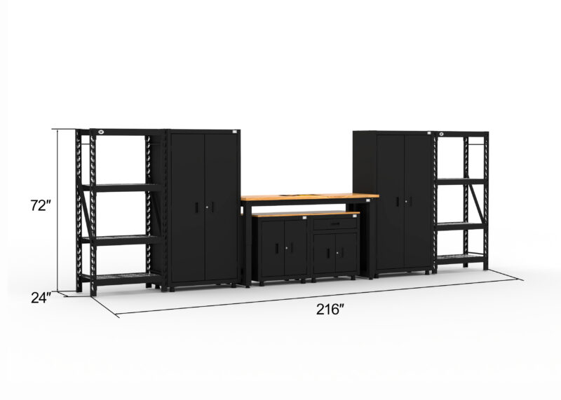 Garage storage cabinets with 2 lockers, 1 base cabinet, 1 drawer-base cabinet, 2 shelving units and 72 inch workbench