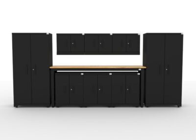 SETT 1 CAT garage storage cabinet set with 2 lockers, 3 wall cabinets, 3 base cabinets and 96 inch workbench