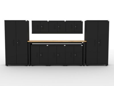 CAT garage storage cabinet set with 2 lockers, 3 wall cabinets, 3 base cabinets and 96 inch workbench