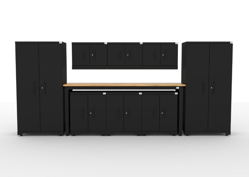 SETT 1 CAT garage storage cabinet set with 2 lockers, 3 wall cabinets, 3 base cabinets and 96 inch workbench