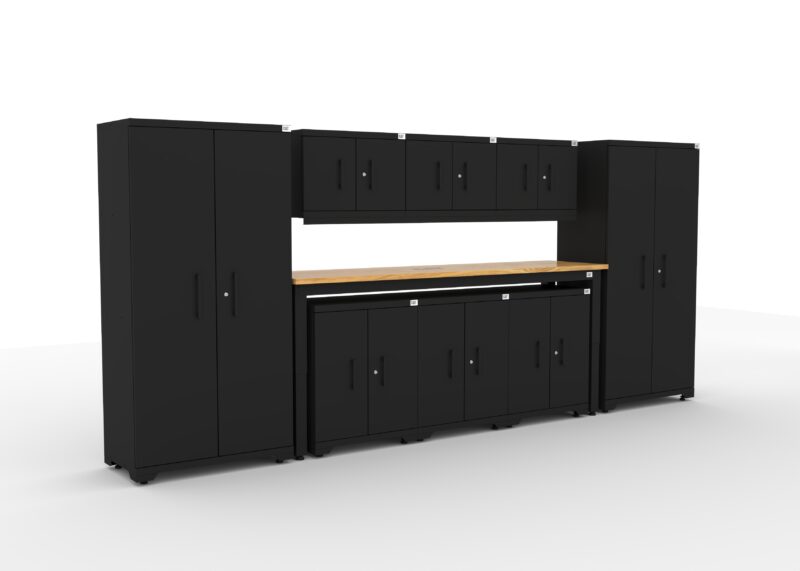SETT 2 CAT garage storage cabinet set with 2 lockers, 3 wall cabinets, 3 base cabinets and 96 inch workbench