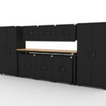 CAT garage storage cabinet set with 2 lockers, 3 wall cabinets, 3 base cabinets and 96 inch workbench