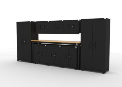 SETT 3 CAT garage storage cabinet set with 2 lockers, 3 wall cabinets, 3 base cabinets and 96 inch workbench