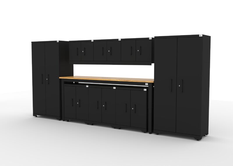 SETT 3 CAT garage storage cabinet set with 2 lockers, 3 wall cabinets, 3 base cabinets and 96 inch workbench