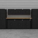 CAT garage storage cabinet set with 2 lockers, 3 wall cabinets, 3 base cabinets and 96 inch workbench