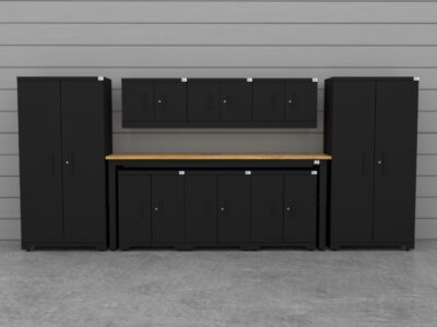 CAT garage storage cabinet set with 2 lockers, 3 wall cabinets, 3 base cabinets and 96 inch workbench