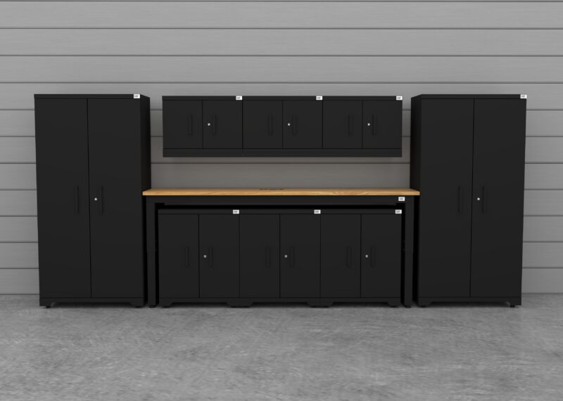 SETT Garage CAT garage storage cabinet set with 2 lockers, 3 wall cabinets, 3 base cabinets and 96 inch workbench