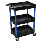 Luxor 3 Shelf Plastic Utility Cart with Spacious Tub Shelves 300lb Weight Capacity Black with Blue Legs
