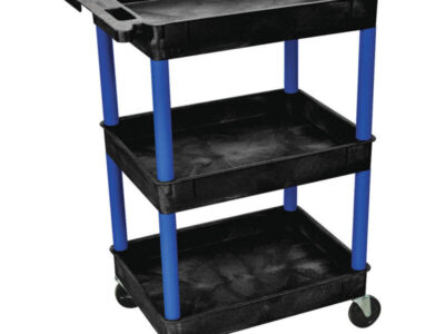 Luxor 3 Shelf Plastic Utility Cart with Spacious Tub Shelves 300lb Weight Capacity Black with Blue Legs