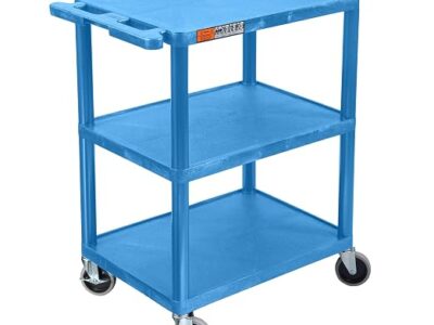 Luxor 34inch 3 Shelf Plastic Utility Cart with Flat Shelves 300lb Weight Capacity Blue