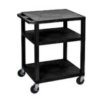 Luxor 34inch 3 Shelf Plastic Utility Cart with Flat Shelves and Electrical Outlet 300lb Weight Capacity Black