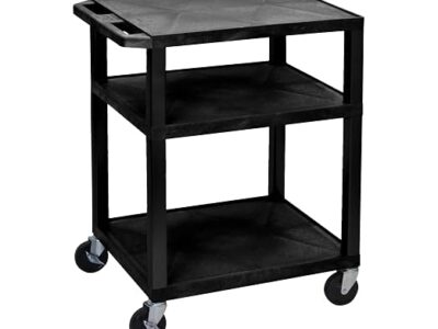 Luxor 34inch 3 Shelf Plastic Utility Cart with Flat Shelves and Electrical Outlet 300lb Weight Capacity Black