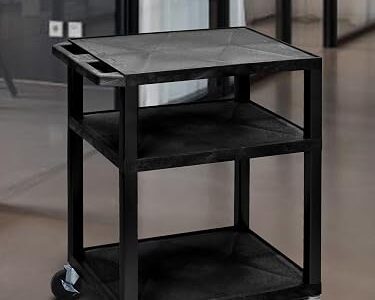 Luxor 34inch 3 Shelf Plastic Utility Cart with Flat Shelves and Electrical Outlet 300lb Weight Capacity Black4