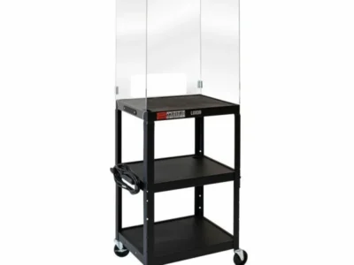 Luxor Adjustable Height 3 Shelf Steel AV Cart with Acrylic Sneeze Guard1