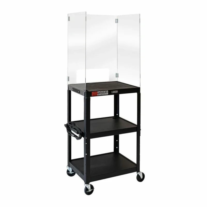 Luxor Adjustable Height 3 Shelf Steel AV Cart with Acrylic Sneeze Guard1 Luxor Adjustable Height 3 Shelf Steel AV Cart with Acrylic Sneeze Guard1