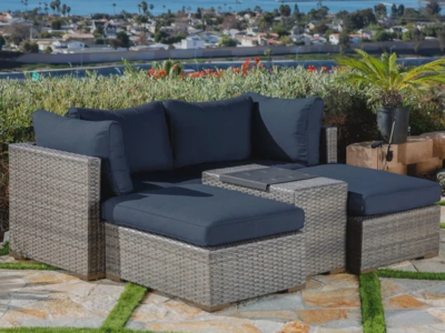 Allspace 5 piece Rattan Patio Set with Sunbrella Cushions Blue