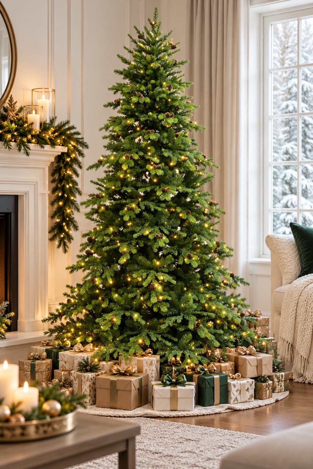 40084375 - Elegant Neutral Christmas Tree Living Room Monarch 7.5 ft Acadia Fir Christmas Tree with Pinecones