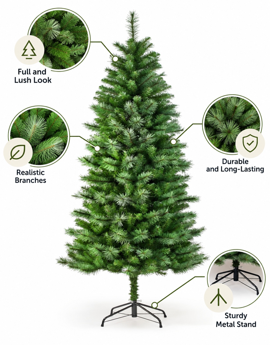 400928UL - details Monarch 7.5 ft Hastings Slim Needle Pine Unlit Christmas Tree, Green