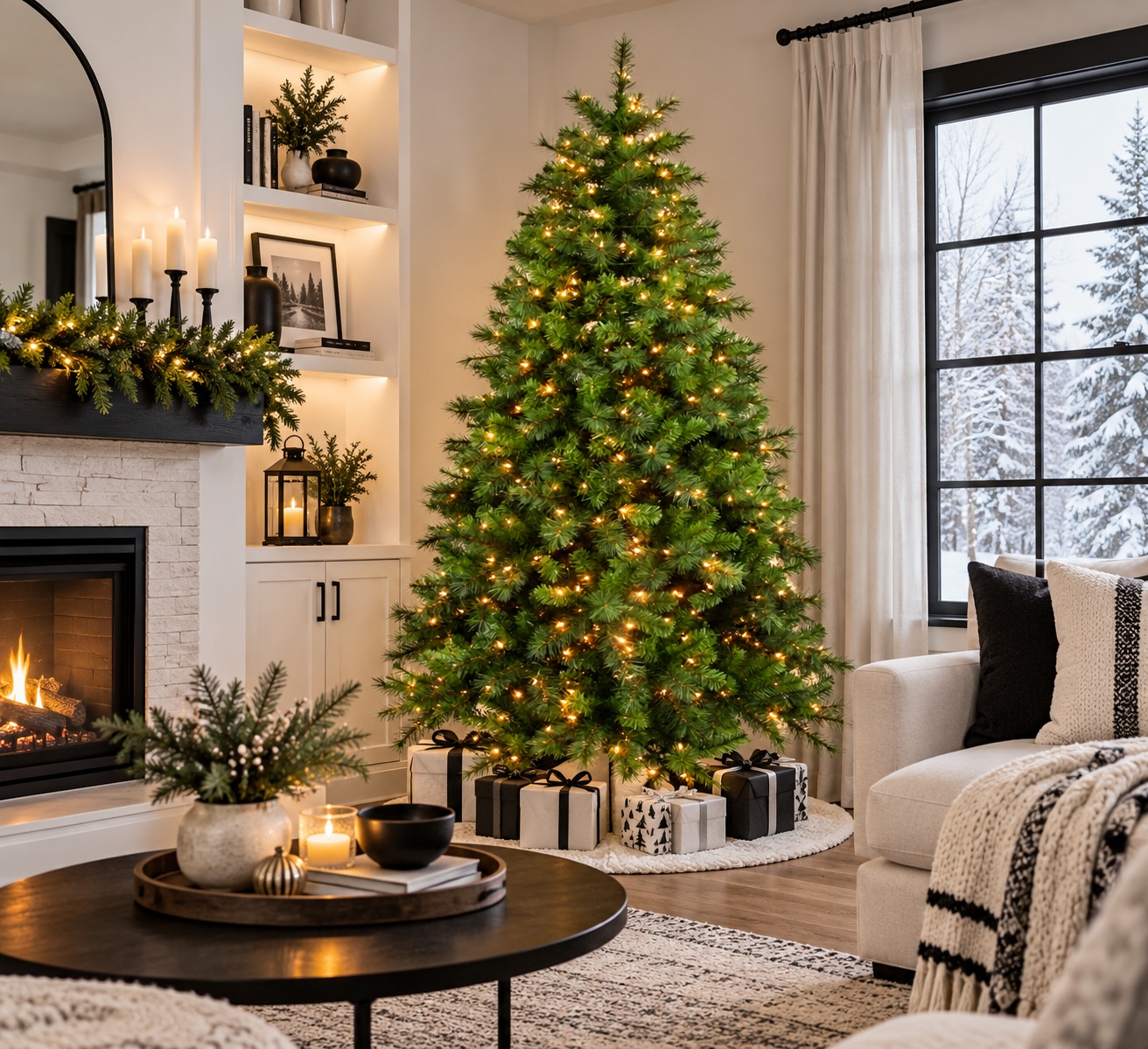 400942 - Cozy Modern Christmas Living Room Monarch 9 ft Hasting Pine Pre-Lit Christmas Tree, 850 Warm White F5 LEDs